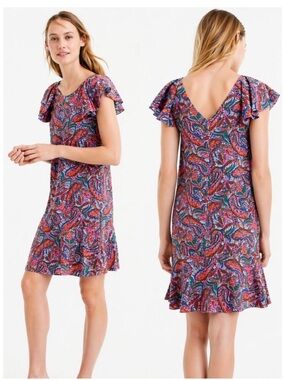 J.Crew Silk Paisley Flutter Sleeve Dress Size 8 Colorful Boho Mini